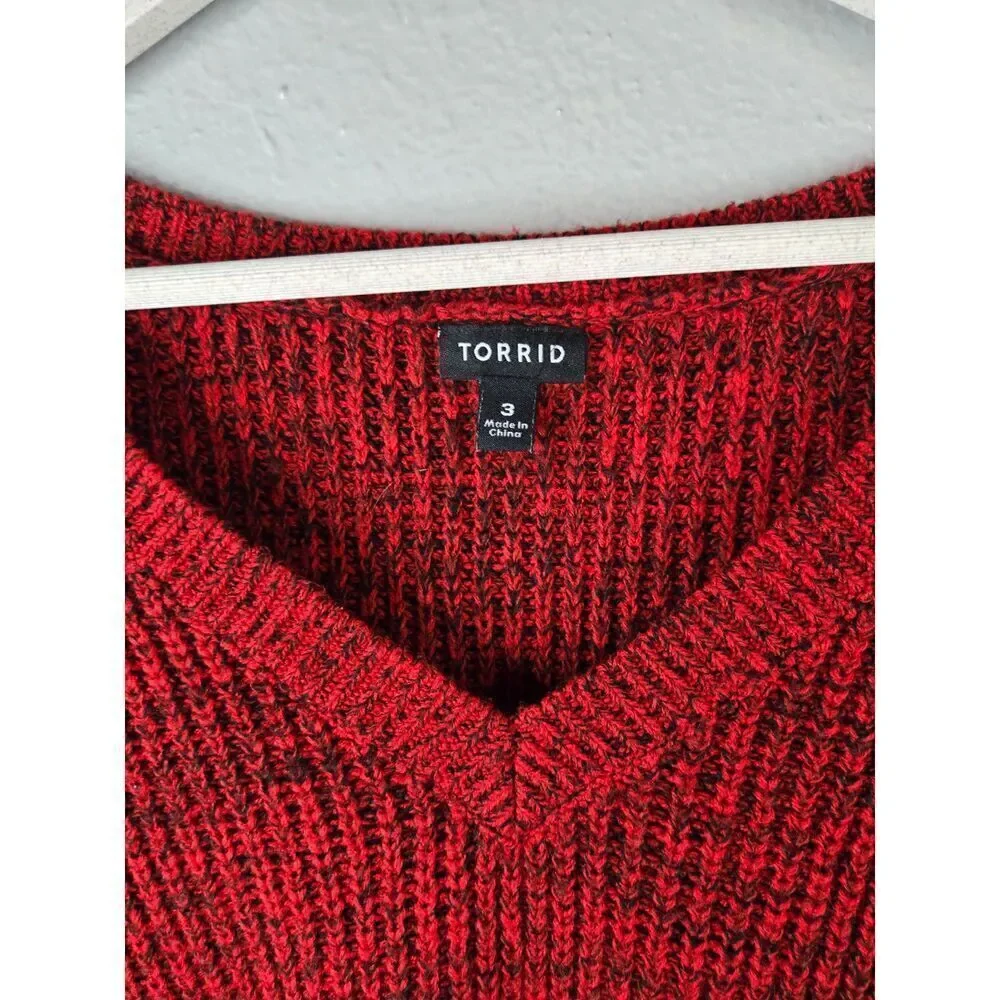 Torrid Women's Red V-Neck Marled Knit Long Sleeve Sweater Size 3 | 3X